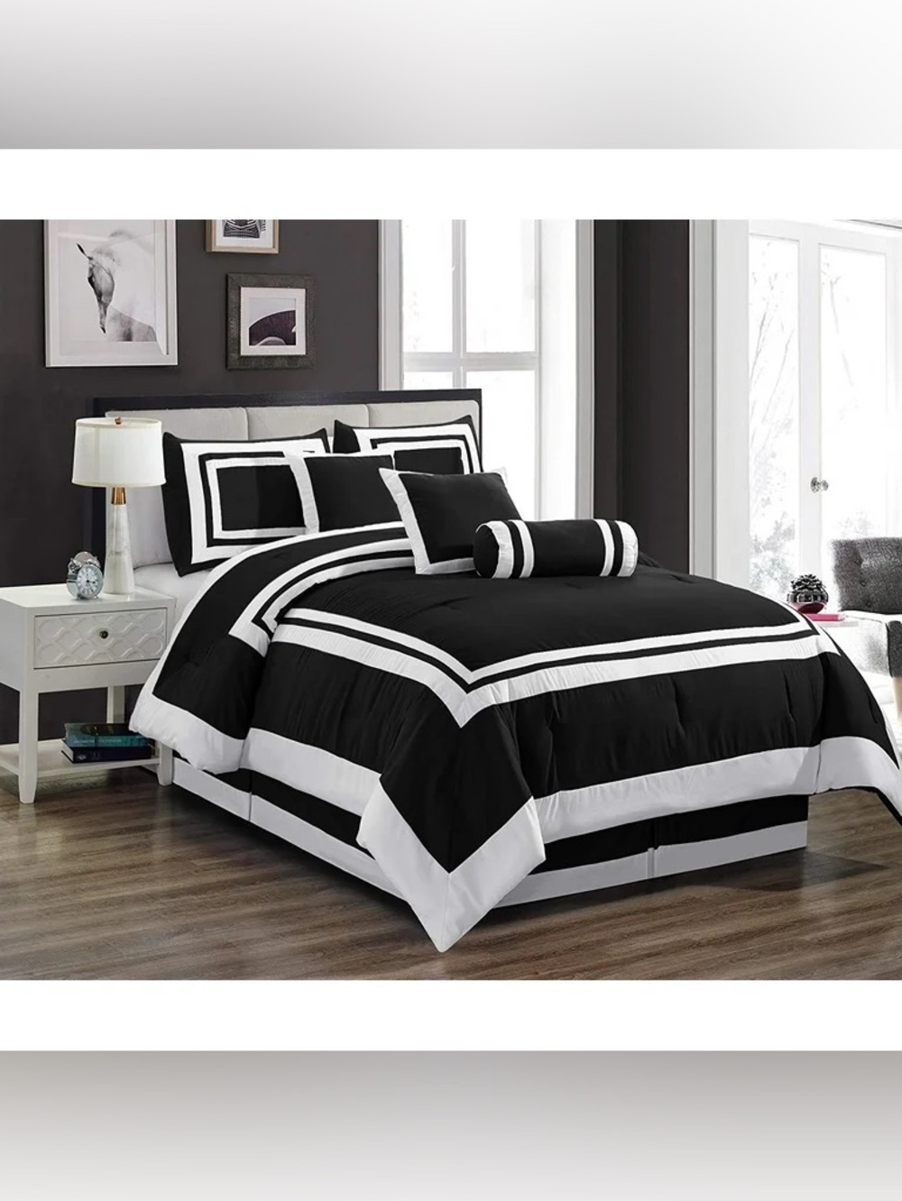 Black and White Striped king 7 piece Comforter Set - Modern Home Bedding